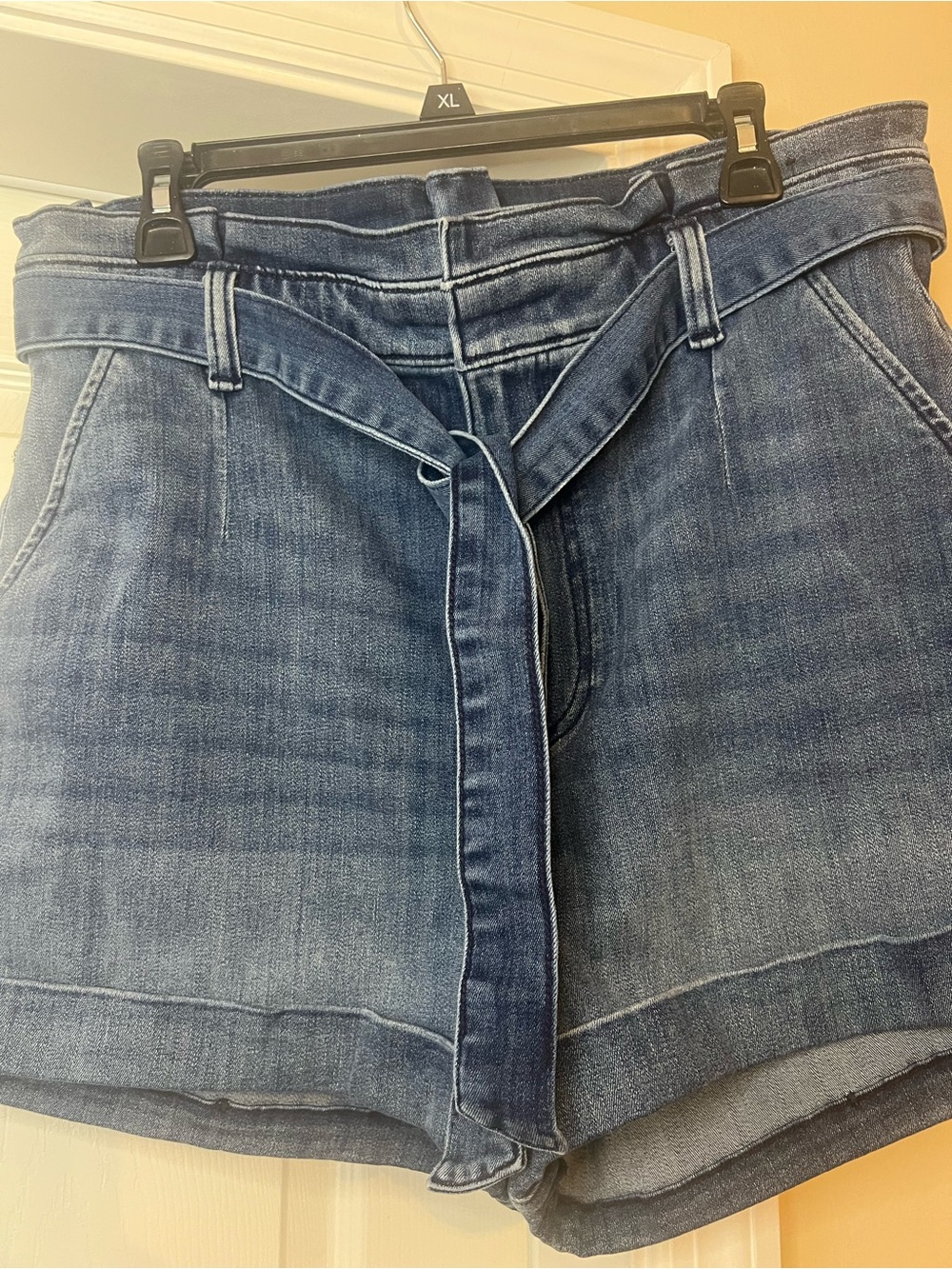 Express Denim Paperbag Shorts with Self-Tie Belt - Blue